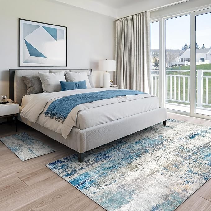 AREAMAY Washable Area Rug for Living Room 6x9 - Neutral Modern Abstract Rugs, Soft Non Slip Thin Carpet with for Bedroom, Under Dining Room Table, Home, Office, Dorm - Blue Gray