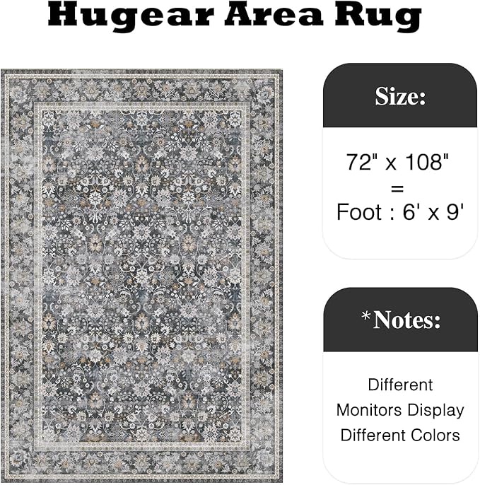 HUGEAR 6x9 Machine Washable Rugs Black Grey Hallway Large Area Rug Indoor Accent Rug Floral Low Pile Carpet Soft Throw Aesthetic Rug Bedroom Living Room Office Dining Room Kitchen Laundry Room