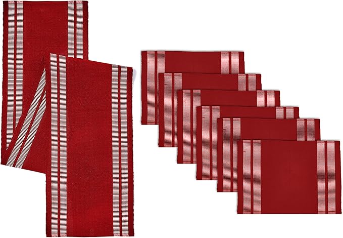 Encasa XO Table Runner and Placemats Set 6 | Fine Ribbed Cotton | Ladder Red | 1 Table Runner Size 13"x72" & Each Table Mat Size 19x13 Inch