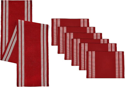 Encasa XO Table Runner and Placemats Set 6 | Fine Ribbed Cotton | Ladder Red | 1 Table Runner Size 13"x72" & Each Table Mat Size 19x13 Inch