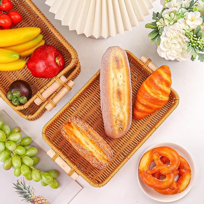 5 Pack 11.8 x 7.8 inch Rectangle Rattan Tray, Rectangle Woven Serving Basket with Handles, Storage Rattan Serving Trays for Home, Restaurant & Hotel Use, Durable & Easy-Cleaning
