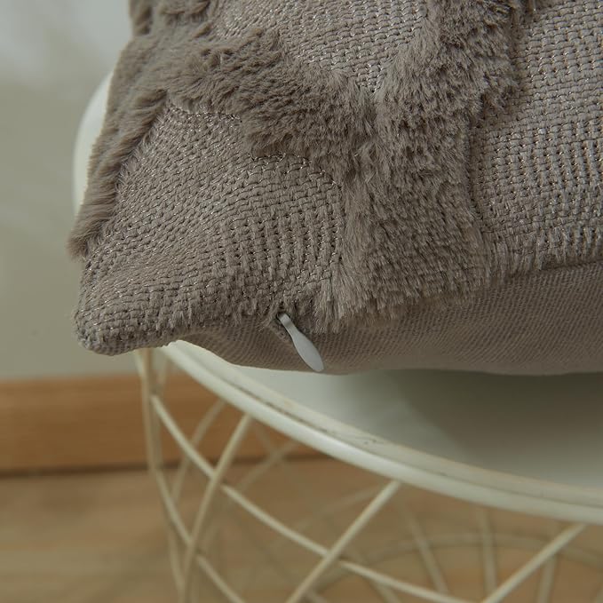 EMMTEEY Boho Pillow Covers 16X16 - Fluffy Stripe Single-Sided Embroidery with Soft Faux Fur, Boho Décor Pillow Case for Couch, Sofa Bedroom, Dark Brown