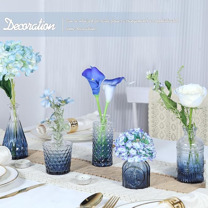 Glass Bud Vase Set of 5, Small Blue Flower Vases for Centerpieces in Bulk, Mini Vintage Vase for Wedding Decor, Single Flowers, and Home Table Décor