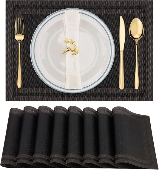 Winknowl Placemats Set of 8，Heat Resistant Woven Vinyl Washable PVC Place Mats，Non-Slip Stain Resistant Indoor/Outdoor Table Mats for Dining Table (Black Brown)