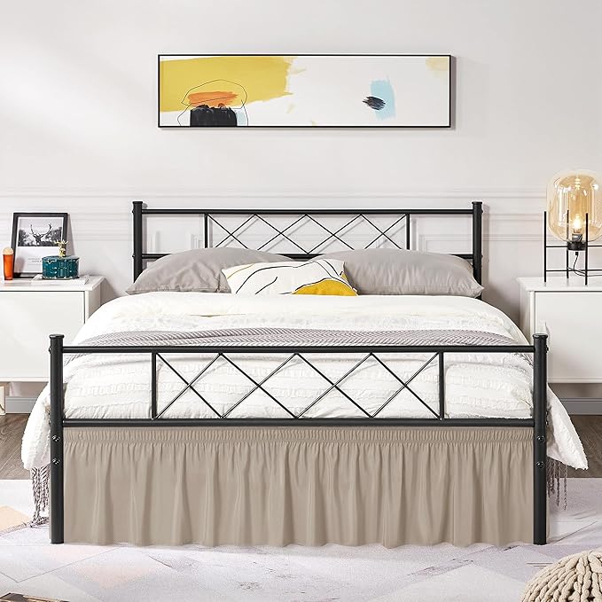 Biscaynebay Wrap Around Bed Skirts with Split Corners for King Beds 17" Drop, Light Camel Elastic Dust Ruffles Easy Fit Wrinkle & Fade Resistant Silky Luxurious Fabric Solid Machine Washable