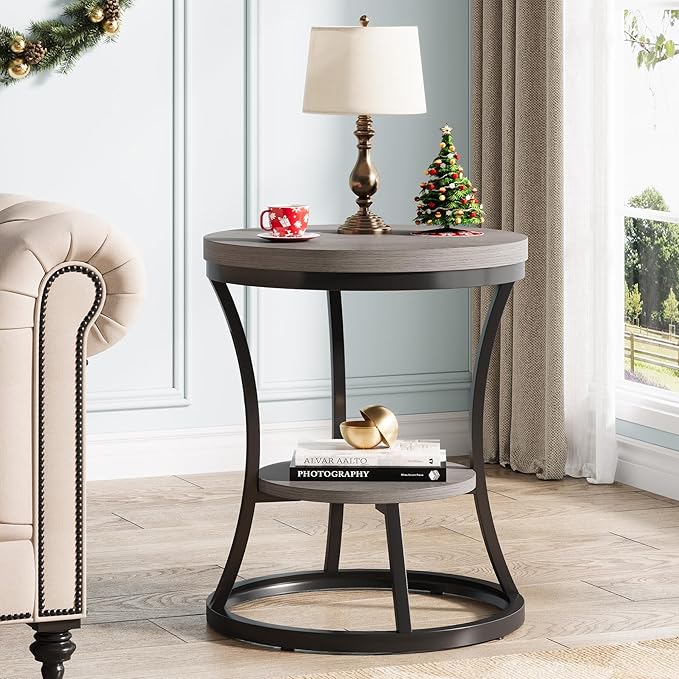 Round End Table, 2 Tier Industrial Side Table, Accent Bedside Table Nightstand with Metal Frame for Living Room, Bedroom, Small Spaces, Easy Assembly, Grey Brown & Black