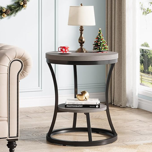 Round End Table, 2 Tier Industrial Side Table, Accent Bedside Table Nightstand with Metal Frame for Living Room, Bedroom, Small Spaces, Easy Assembly, Grey Brown & Black