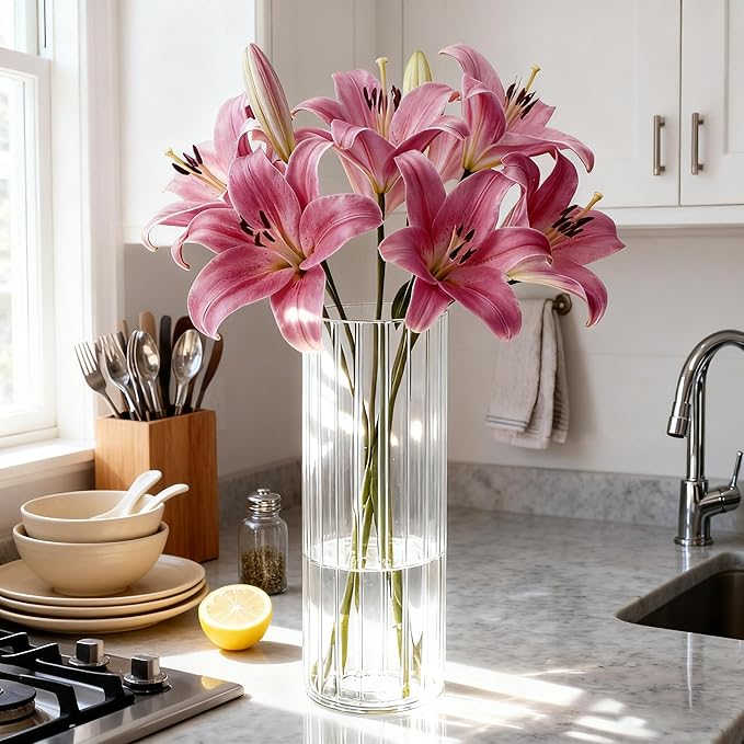 Flower Vase, Non-breakable Vase for Flower, Ribbed Acrylic Vase, 4"W x 12"H Tall Clear Cylinder Vases for Centerpieces, Living Room, Dining Table, Office, Bookshelf Decoration Housewarming Gift