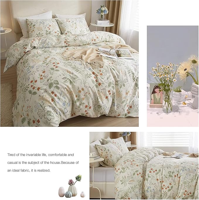 Chic Floral Duvet Cover Full Size Cotton Botanical Floral Bedding Sets Full Vintage Style Aesthetic Floral Comforter Cover Garden Flower Branches Pattern Full Bedding Sets with Zipper Closure 4 Ties