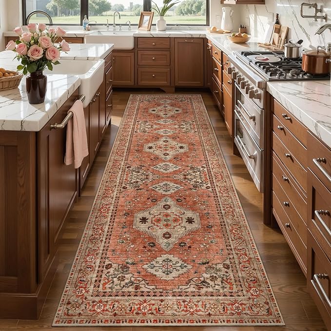 Tangsoo Boho 3x8 Runner Rug for Hallway Long Washable Hallway Runner Rugs, Non Slip Vintage Soft Low Pile Rug Runner, Oriental Terracotta 8ft Carpet Runners for Kitchen Bedroom Entryway Living Room