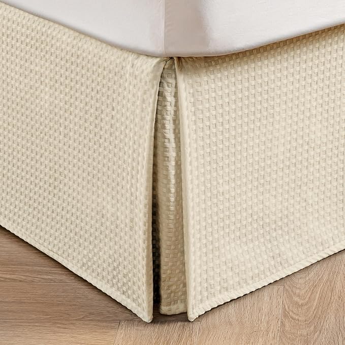 MIYE Pleated Waffle Weave Bed Skirt, Tailored Dust Ruffle 16 Inch Drop Easy Fit, Machine Washable,No Split Corners (Light Beige, Twin - 16" Drop)