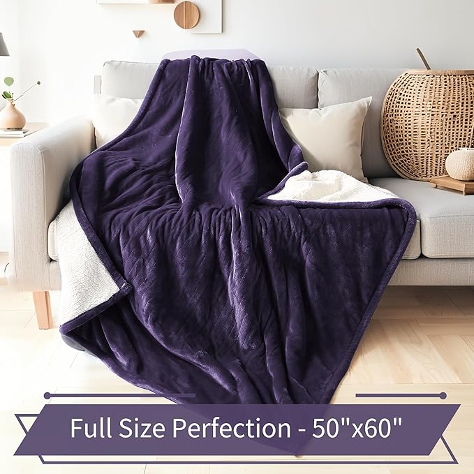 Electric Heated Blanket Throw Size 50"x60" - Flannel & Sherpa Fabric Dual-Sided, 6 Heat Settings & 1-3 Hours Auto Off, Soft & Cozy Warming Throw for Home, Office, or Bed, Machine Washable, Purple