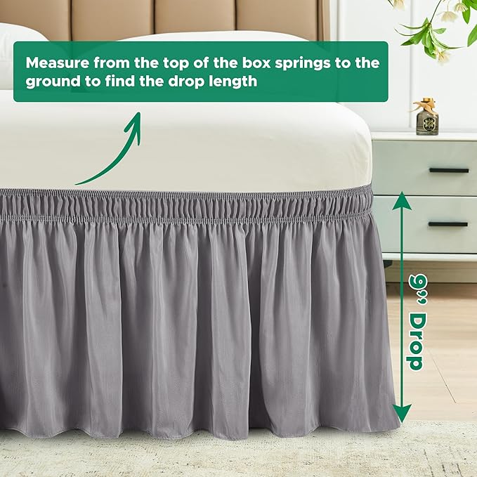 Biscaynebay Wrap Around Bed Skirts for Full & Full XL Beds Extra Short Drop of 9", Silver Grey Elastic Dust Ruffles Easy Fit Wrinkle and Fade Resistant Silky Luxurious Fabric Solid Machine Washable
