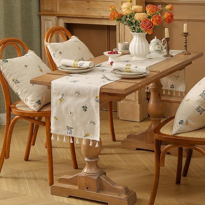 Boho Daisy Embroidered Linen Table Runner with Tassels Set of 1 Runner and 2 Placemats 12x96 Inches Flax Beige for Farmhouse Dining Table Buffet Nightstand Decor Home and Commercial Use