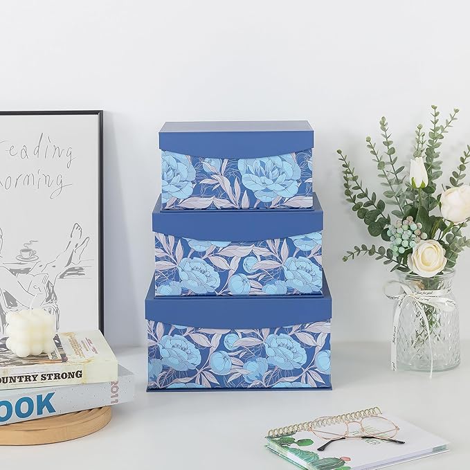 Soul & Lane Decorative Storage Boxes with Magnetic Closure, Set of 3 Memory Keepsake Boxes with Lids, Cardboard Storage for Gifts, Organizing, and Home Décor, Manor Blue