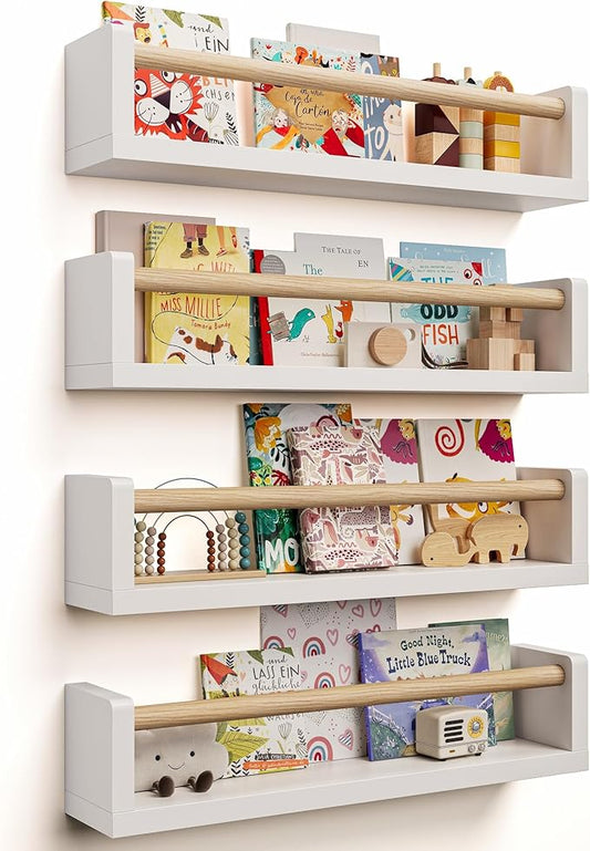 Nursery Book Shelves - 4 Pack, Wall Book Shelves for Bedroom Kids, Kids Wall Book Shelf, Book Shelf for Kid Rooms, Toddler, Baby, Play Room, Nursery Decor (White Wood, 16.5 Inches)