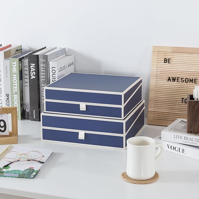 Soul & Lane Decorative Cardboard Storage Boxes with Lids - Set of 2, Memory Boxes for Keepsakes, Home Office Photo Storage for Pictures, Photo Albums, Documents, Stationery, Heritage Blue