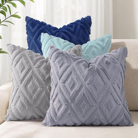 decorUhome Set of 4 Faux Fur Throw Pillow Covers 18x18, Soft Decorative Couch Pillow Covers with Velvet Back for Modern Sofa Living Room, Grey/Blue