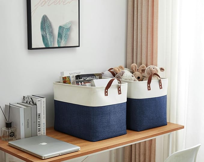DECOMOMO Large Fabric Storage Baskets - Linen Closet Storage Bins with Handles for Laundry, Clothes, Home, Office (Navy Blue & White, XXL - 3 Pack)