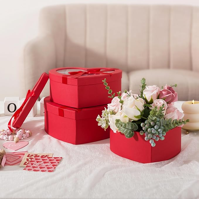 Soul & Lane Red Heart Shaped Gift Boxes with Clear Lids and Decorative Bows: Set of 3 Cardboard Heart Boxes for Flowers, Chocolates, Large Box for Flower Arrangements and Valentine’s Day Presents