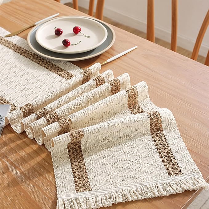 Niviy Boho Table Runner for Home Decor 144 Inches Long Farmhouse Macrame Table Runner Cotton Linen Woven Table Runners for Summer Dining Table Decoration, Beige & Brown