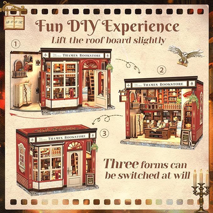 CUTEFUN DIY Book Nook Kit, 3D Puzzle Creative British Library Bookend Bookshelf Decor for Adults Teens, Magic Bookshop Miniature Kit with LED & Dust Cover, Gifts for Book Lovers (Thames Bookstore)
