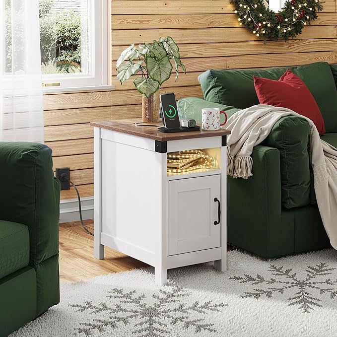WLIVE End Table with Charging Station, Narrow Side Table for Living Room, Farmhouse Night Stand with Storage, Small Wooden Cabinet with USB Ports and Outlets for Living Room and Bedroom, White