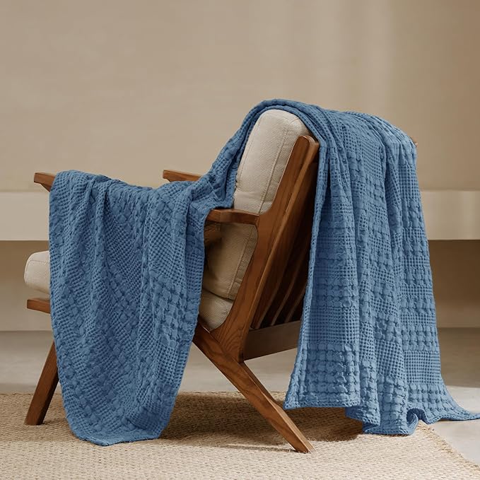 PHF 100% Cotton Waffle Weave Throw Blanket, Soft Lightweight Breathable Cozy Throws for Couch Bed Sofa, 300 GSM Luxury Aesthetic Blanket Gift for Home Decor & Office, 50"x60", Denim Blue