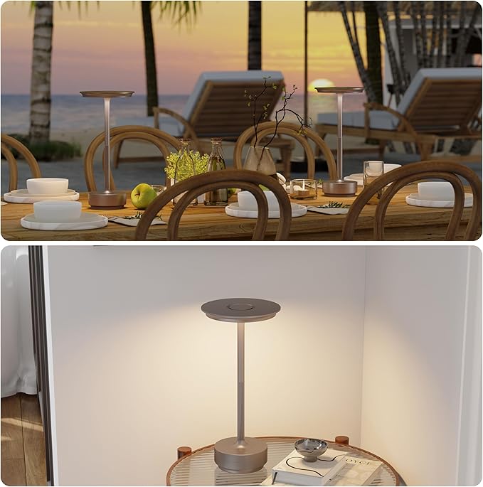 1 Pack Rechargeable Table Lamps Cordless, Portable 5000mAh Outdoor Table Light, 3 Color Stepless Dimming LED Table Lamp with Memory Function, for Home/Dinner/Patio/Restaurant.(Champagne Gold)