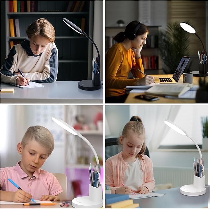 Desk Lamp, LED Desk Lamp for Home Office, Touch Table Lamp with 3 Color Modes 360° Adjustable Arm, Dimmable Desk Light with Pen Phone Holder, White