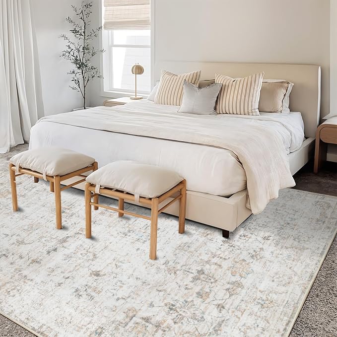 Dotiiorug Washable 5×7 Area Rug for Living Room, Vintage Floral Rug Soft Non Slip Stain Resistant Boho Carpet for Bedroom Dinning Room Home Office Beige