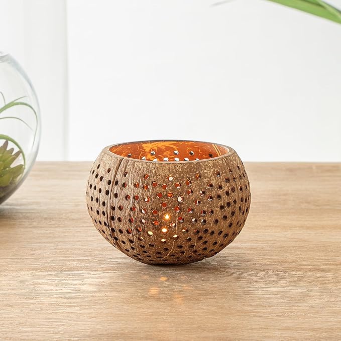 Restaurantware-Coco Casa 4 x 3.3 Inch Coconut Shell Candle Holders, 10 Reusable Tealight Holders - Candle Not Included, Dotted Pattern, Brown Coconut Bowls For Candles, Handcrafted,
