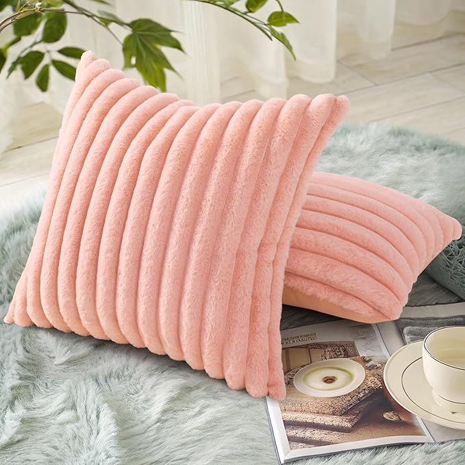 decorUhome Faux Fur Spring Throw Pillow Covers 22x22 Set of 2 Decorative Soft Plush Striped Neutral Couch Euro Sham Pillow Covers with Velvet Back for Sofa Bed Living Room Home Valentines, Blush Pink