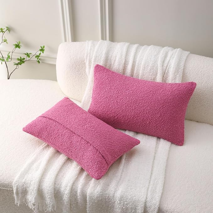 FUTEI Valentine's Day Pack of 2 Hot Pink Decorative Throw Pillow Covers 12x20 Inch Soft Cozy Solid Boucle Textured Lumbar Pillow Cases,Modern Home Decor for Couch Bed Living Room