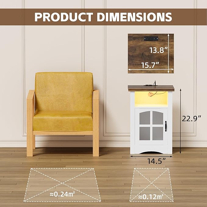 JUMMICO End Table with Charging Station and LED Open Shelf & Glass Door Cabinet, Farmhouse Nightstand with 20W Fast Charge, Side Table for Living Room (1,White & Brown)