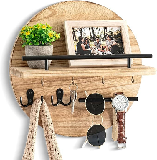 Key Holder for Wall Decorative with Shelf and Hooks, Mail Organizer Wall Mount with Sunglasses Holder, Circular Design Entryway Key Rack Hanger, Rustic Home Decor