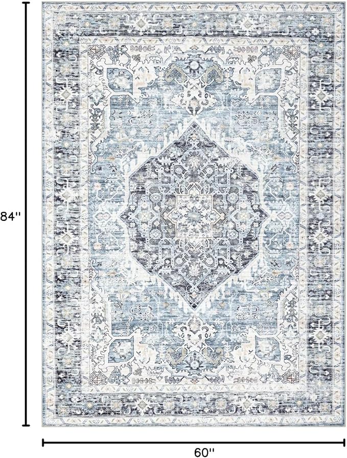 Domitapis Area Rug 5×7, Vintage Boho Rug,Ultra-Soft Low Pile, Washable, Non Slip,Stain Resistant Printed Carpet for Living Room Bedrooms Playroom Office Kitchen, Light Blue