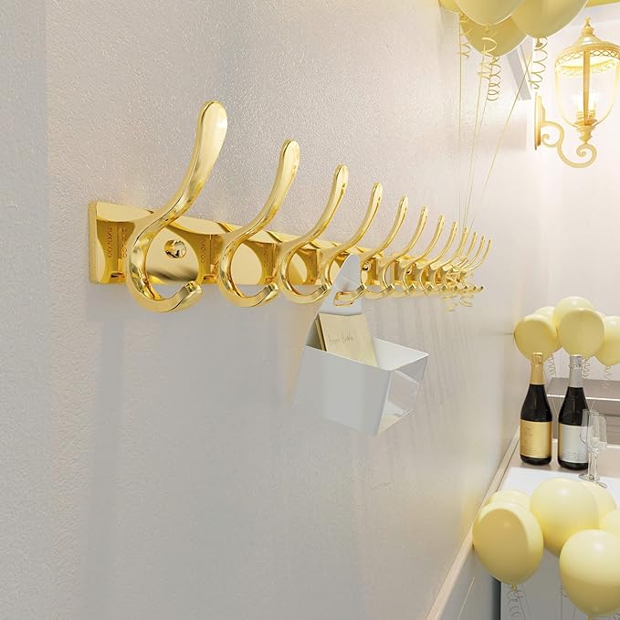 SKOLOO Coat Rack Wall Mounted - 6 Hooks, Pack of 2, Heavy Duty, Stainless Steel, Metal Wall Hangers, Sturdy Coat Hooks for Hanging Coats, Jacket, Clothes, Hat, Bright Gold
