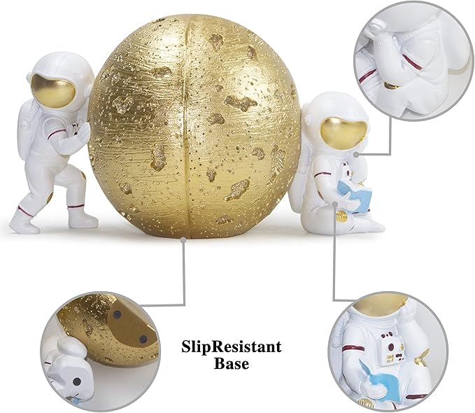 Heavy Duty Astronaut Bookends, Space-Themed Book Ends for Kids Room & Nursery Decor, Gold Moon Book Stoppers to Hold Books, Decorative Bookends for Shelves, Ideal for Boys and Girls