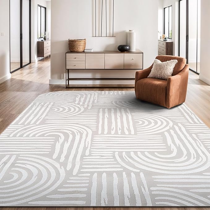 Beverly Rug Modern Geometric Area Rug 5x7 Low-High Pile Durable Soft Abstract Curved Indoor Rugs for Living Dining Room Office Stain Resistant Non Shedding Casual Indoor Carpet Beige White 5 x 7