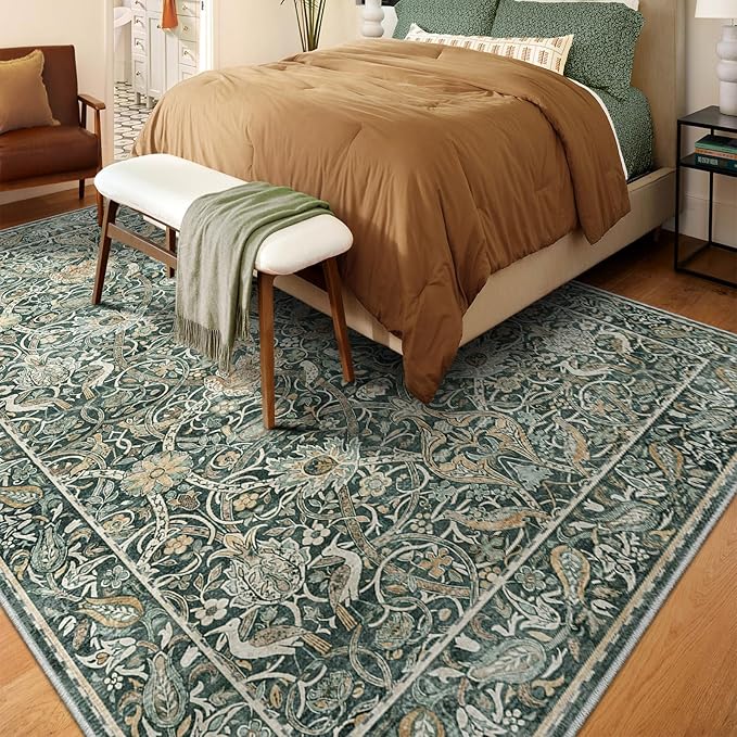 Fortsea Large 8x10 Dark Green Area Rug, Low Pile Washable Non-Slip Carpet, Vintage Design for Spacious Living Room（8x10 Dark Green）