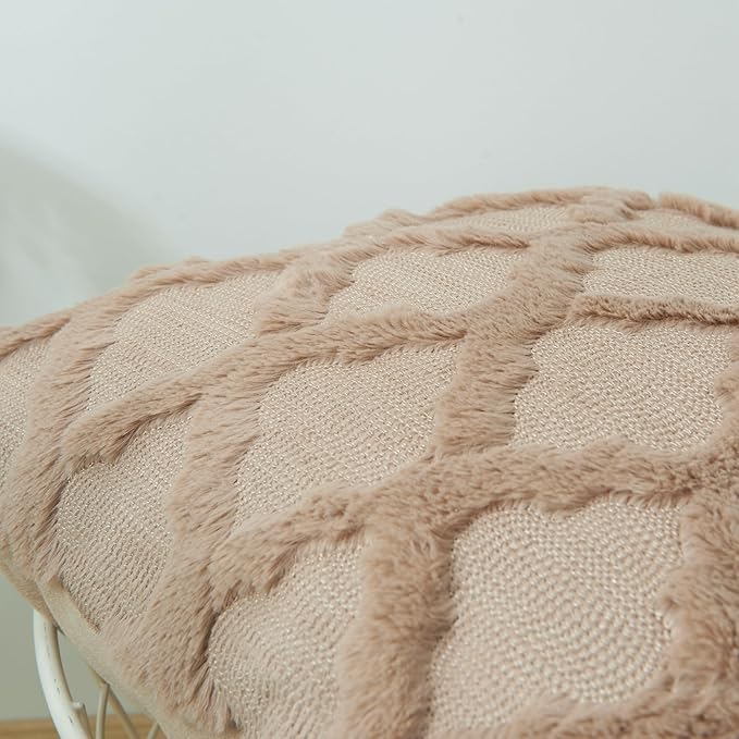 EMMTEEY Boho Fluffy 12X20 Pillow Covers Set of 2 - Single-Sided Striped Embroidery Design, Neutral Nordic Style Pillow Case Bed Sofa Decor for Cozy Home Styling, Brown