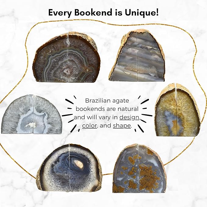 Nature's Decorations Natural Agate Bookends – A+ Grade Geode Heavy Duty Decorative Stone Crystal Book Ends for Shelves & Bookcases, Polished Bookshelf Decor, 1 Pair 3-4Lbs