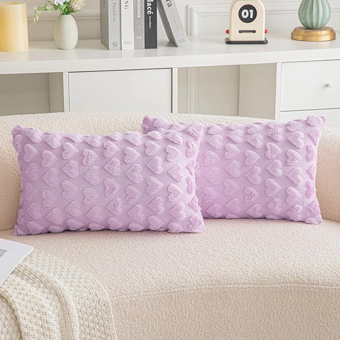 AQOTHES Set of 2 Heart Love Cute Purple Decorative Valentines Throw Pillow Covers 12x20, Soft Plush Faux Fur Pillow Covers for Couch Sofa Home Valentines Day Decoration