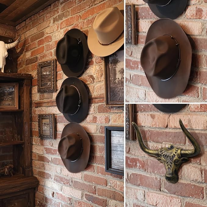 Cowboy Hat Rack for Wall 2 Pack Modern Cast Iron Cowboy Hat Holder Cowgirl Hat Hanger Western Decor Longhorn Wall Hooks Closet Bedroom Living Room Antique Gold Men's Western Gifts