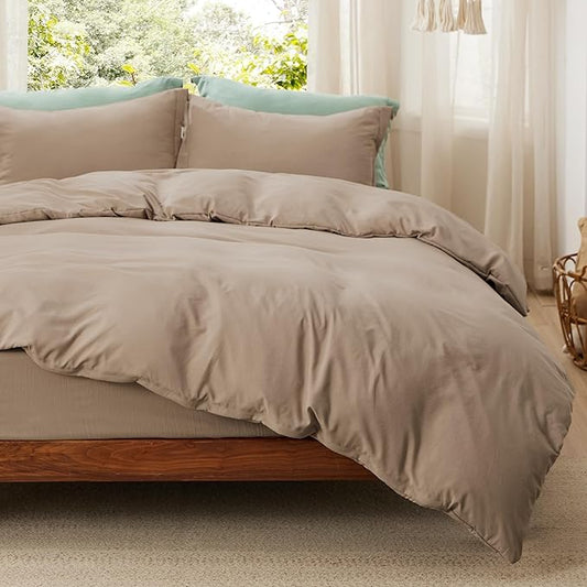 Bedsure Duvet Cover Full Size with Fitted Sheet - 4 Pieces Prewashed Cotton-Like Extra Soft Bedding Set, Includes 1 Duvet Cover 80x90 Inches, 2 Pillow Shams, 1 Fitted Sheet, Deep Beige