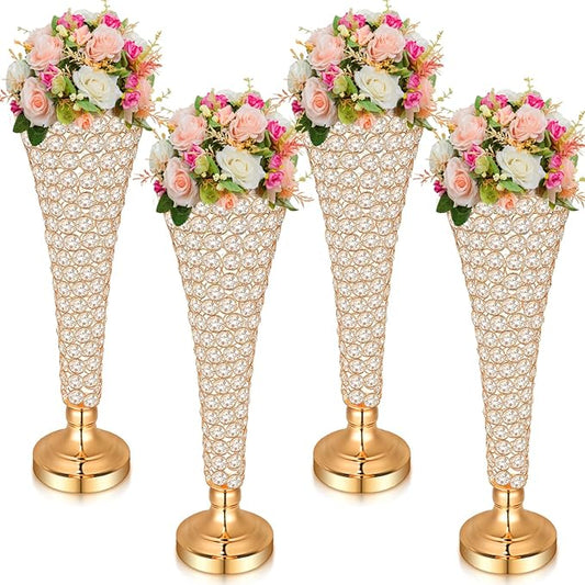 Rtteri 4 Pcs 20 Inch Tall Crystal Vase for Centerpieces Wedding Christmas Metal Crystal Trumpet Flower Vase Stand for Holiday Table Floor Wedding Banquet Celebration, Classic Elegance(Gold)