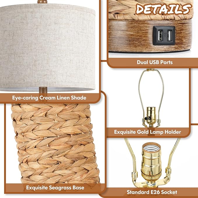 Set of 2 Rattan Table Lamps for Living Room with 2 USB Ports, 27In Tall Bedroom Lamp Costal Farmhouse, Rustic Woven Seagrass Bedside Nightstand Lamps for End Table, E26 Socket&Rotary Switch, No Bulb