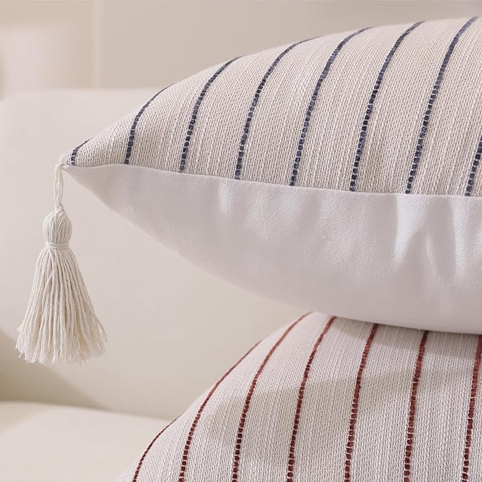 QDTTSRY Boho Lumbar Pillow Covers 14x36 Inch Long, Wine Red Textured Linen Striped Cushion Covers with Tassels, Soft & Cozy Farmhouse Decor Pillow Cases for Sofa Couch Living Room, Pack of 1