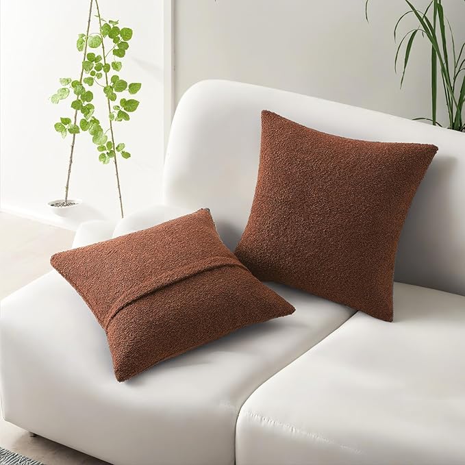 HAUSSY Set of 2 16x16 Decorative Throw Pillow Covers, Soft Cozy Textured Boucle Couch Cases, Home Decor for Couch Bed Living Room, Rust